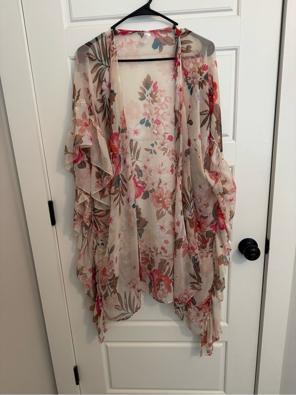 Amazon Essentials Sheer Floral Kimono - Beige with Pink & Coral Accents